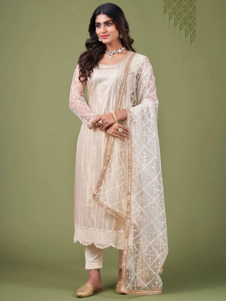 White & Cream Net Embroidery & Lace Detailing Suit Set with Dupatta