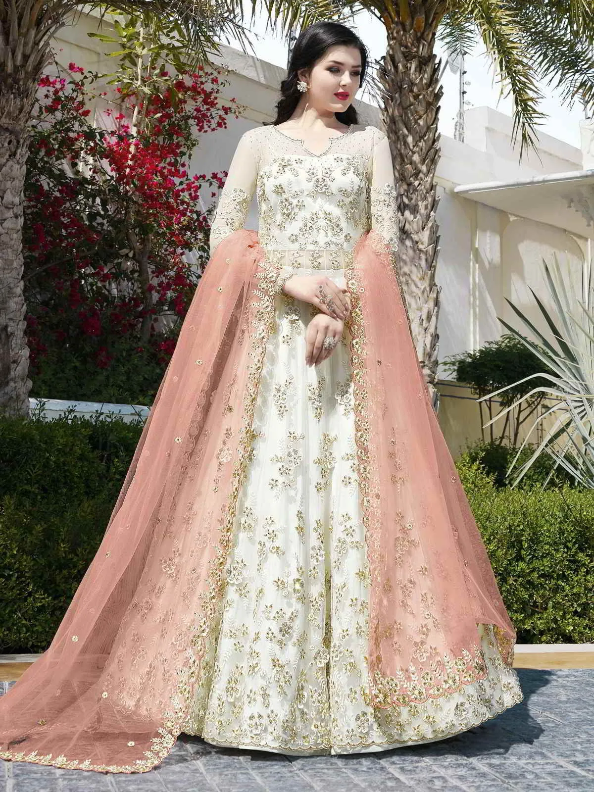 White And Pink Embroidered Anarkali Lehenga And Pant Suit