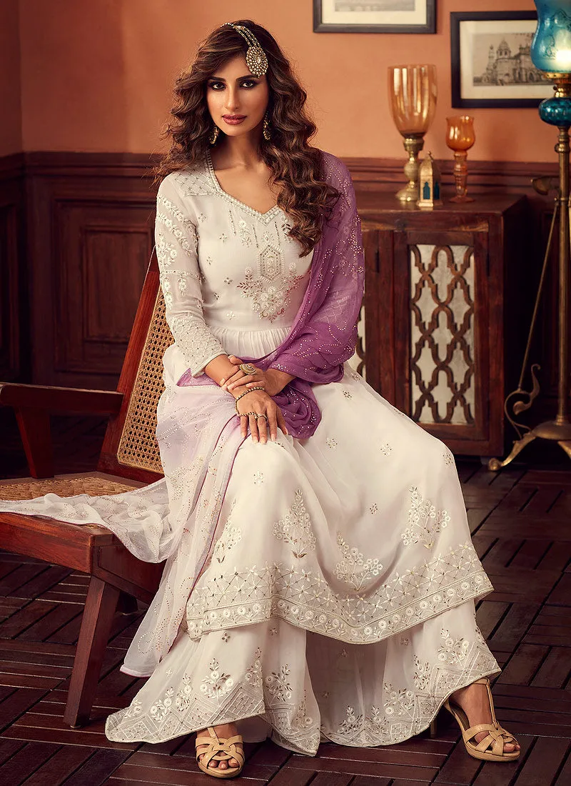 White And Purple Embroidered Designer Palazzo Suit