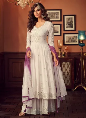 White And Purple Embroidered Designer Palazzo Suit