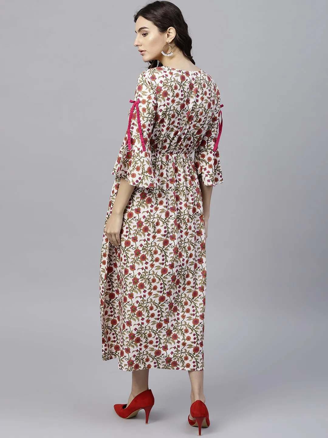 White Cotton Floral Printed A-Line Maxi Dress With V-Neck And Flared Sleeves