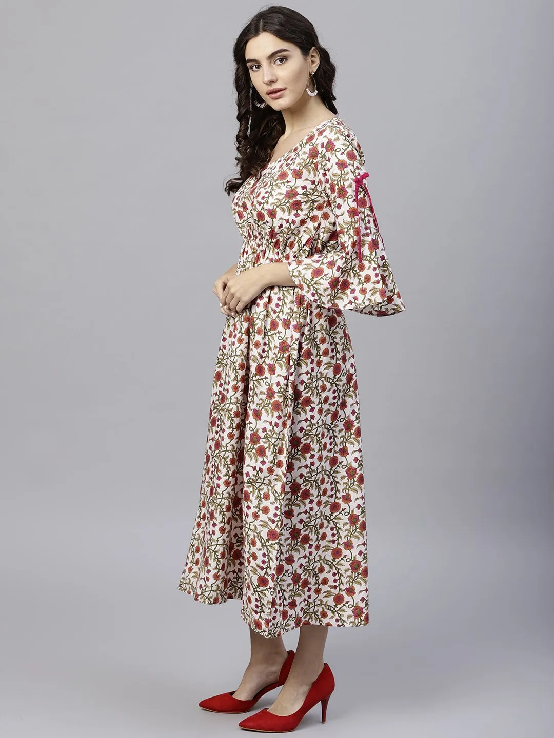 White Cotton Floral Printed A-Line Maxi Dress With V-Neck And Flared Sleeves