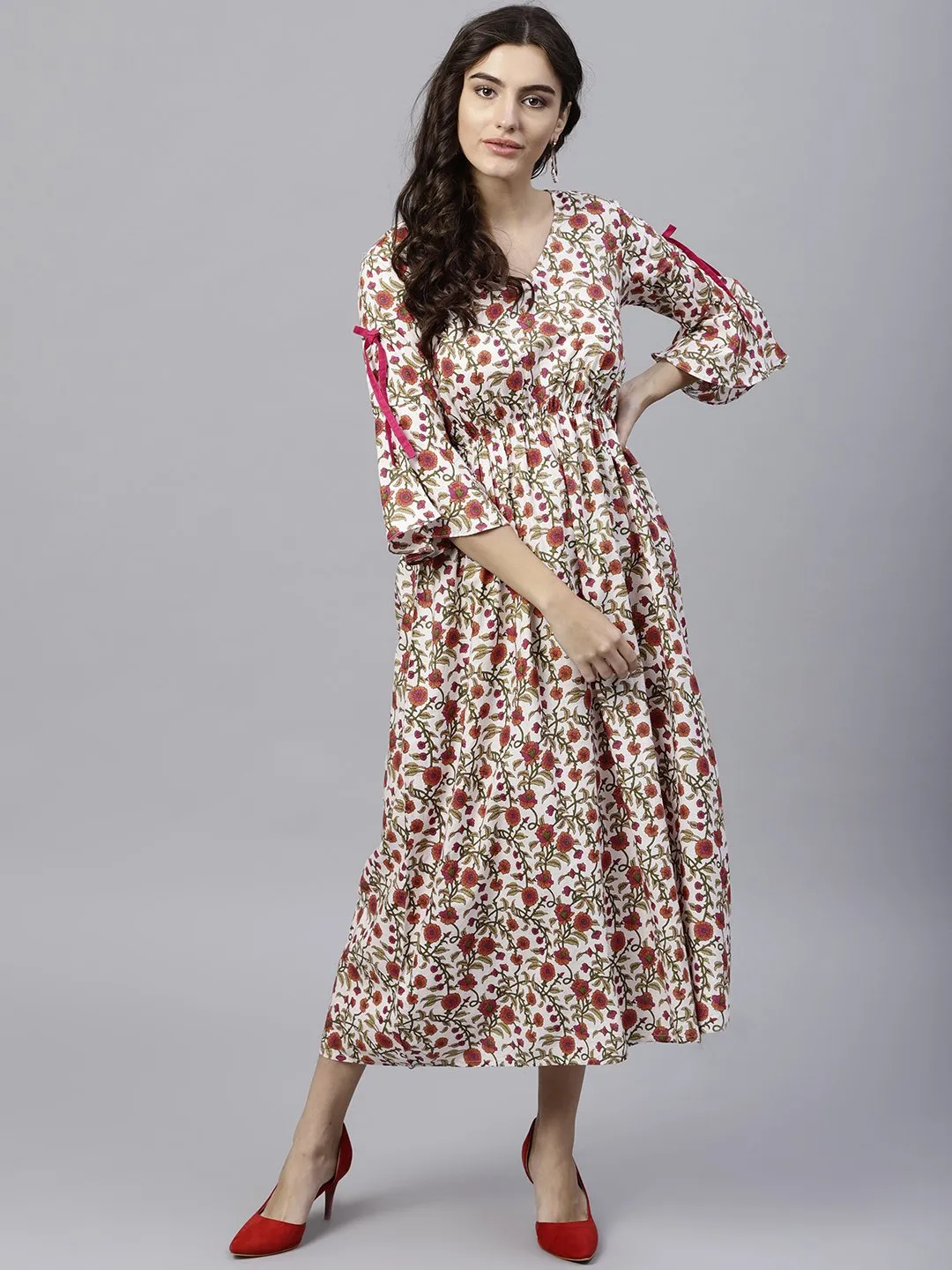 White Cotton Floral Printed A-Line Maxi Dress With V-Neck And Flared Sleeves