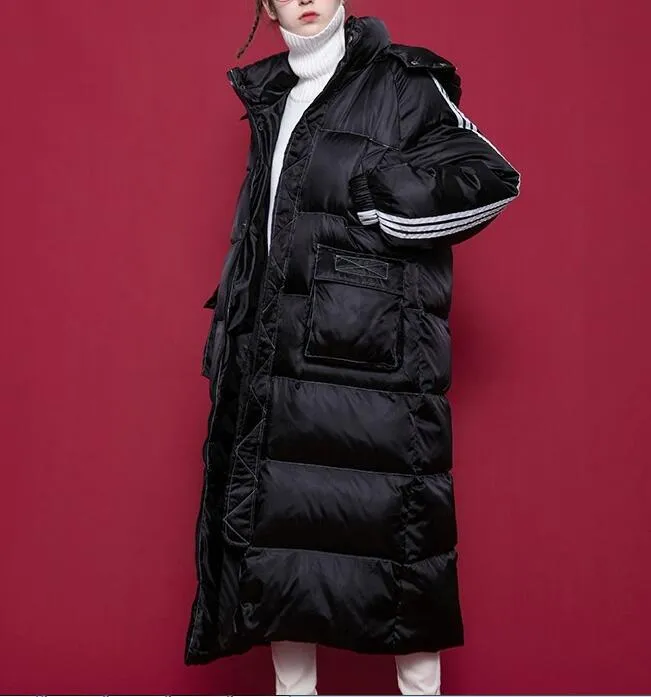 White Stripe Sleeve Black Long Women Winter Plus size Side Pockets Down Jacket Women Down Coats Any Size