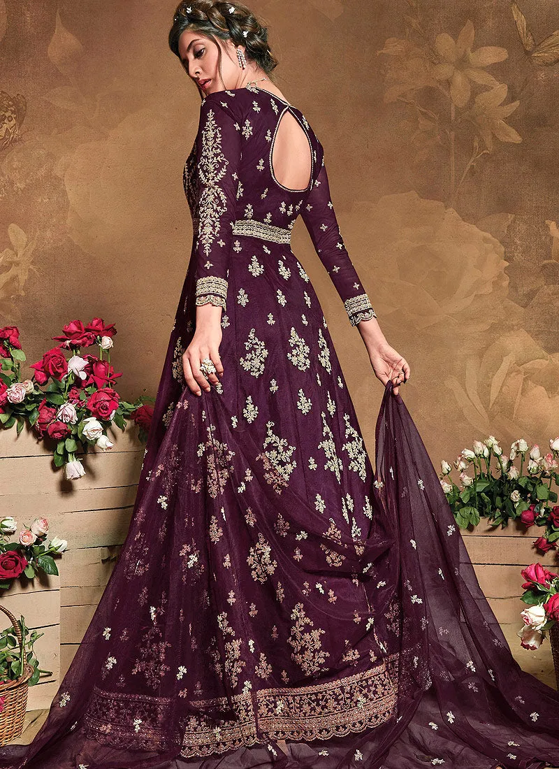 Wine Golden Embroidered Wedding Anarkali Suit