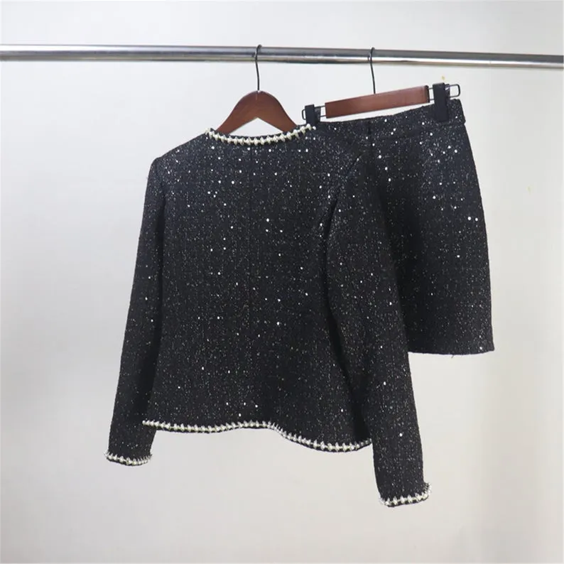 Women CUSTOM MADE Tweed Sequined Pearl Decoration Jacket Coat Blazer  Skirts Black