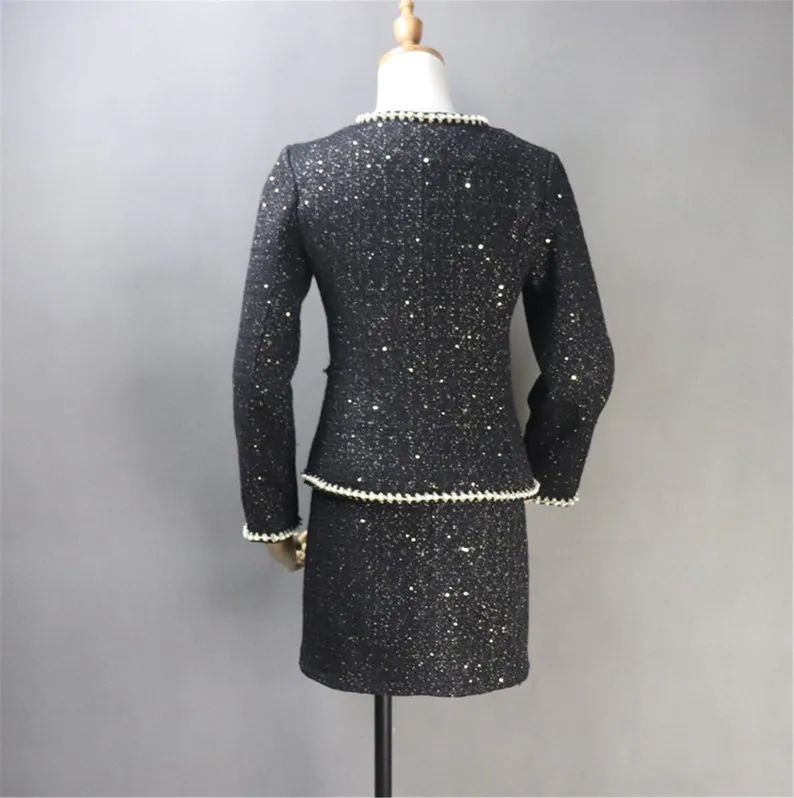 Women CUSTOM MADE Tweed Sequined Pearl Decoration Jacket Coat Blazer  Skirts Black