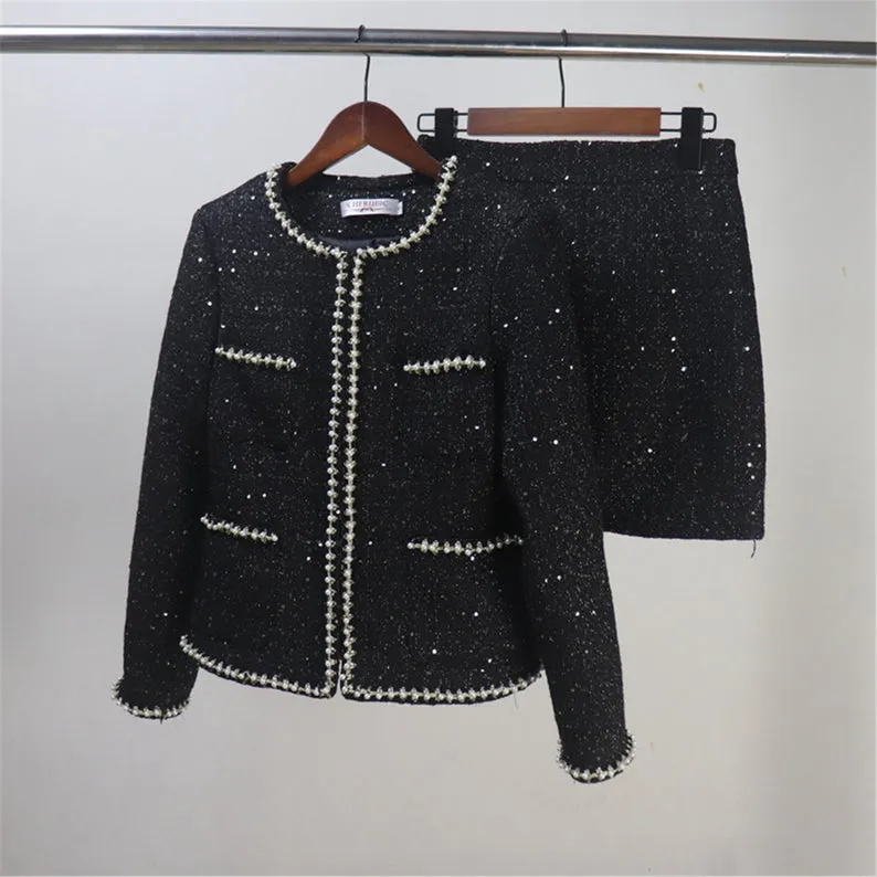 Women CUSTOM MADE Tweed Sequined Pearl Decoration Jacket Coat Blazer  Skirts Black