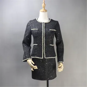 Women CUSTOM MADE Tweed Sequined Pearl Decoration Jacket Coat Blazer  Skirts Black