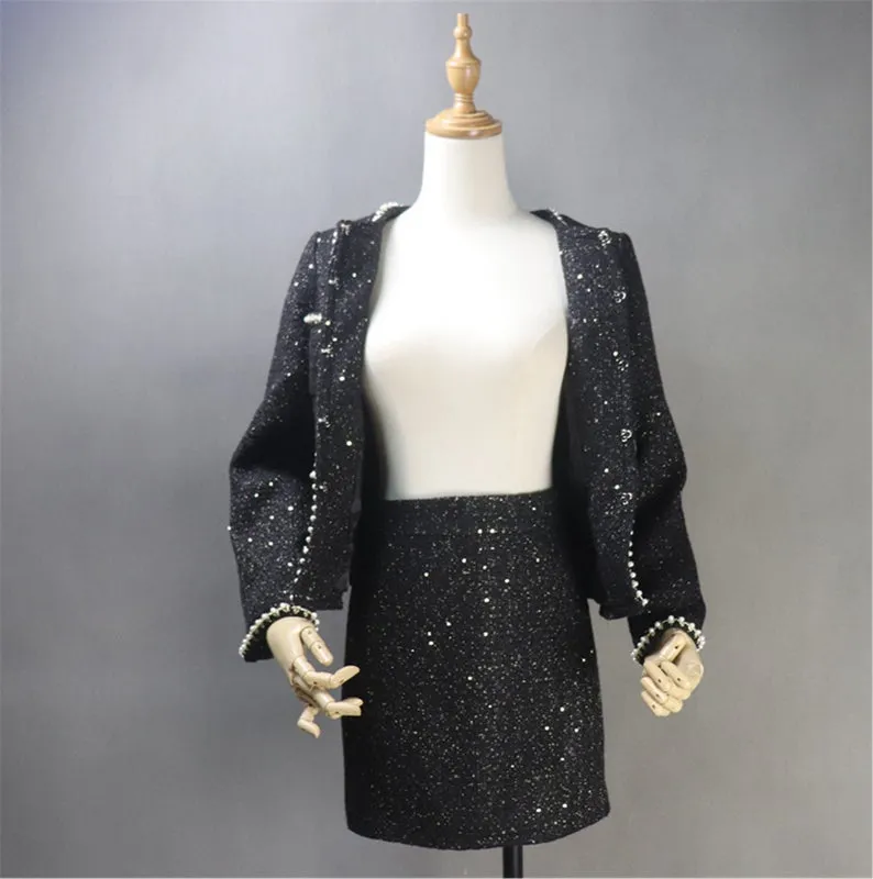 Women CUSTOM MADE Tweed Sequined Pearl Decoration Jacket Coat Blazer  Skirts Black