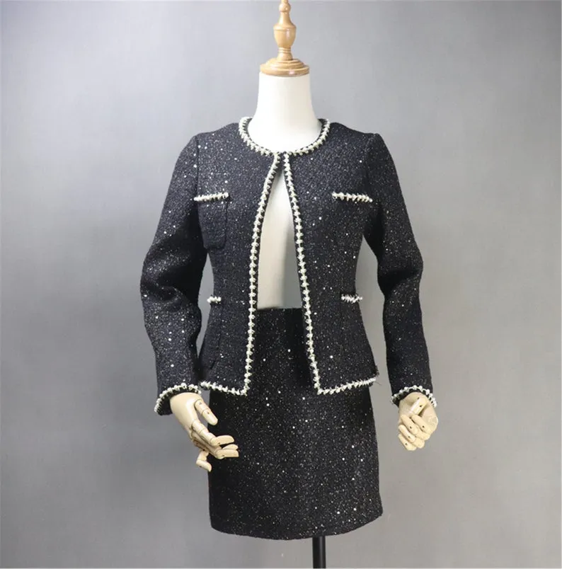 Women CUSTOM MADE Tweed Sequined Pearl Decoration Jacket Coat Blazer  Skirts Black