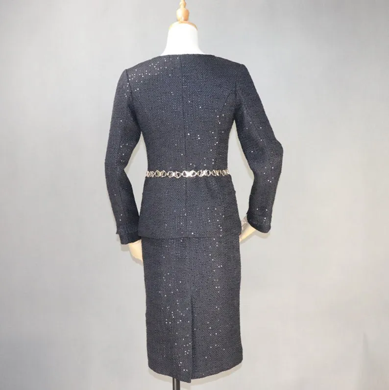 Women Designer Inspired CUSTOM MADE Tweed Sequined Jacket Coat Blazer  Midi Skirts with a Belt