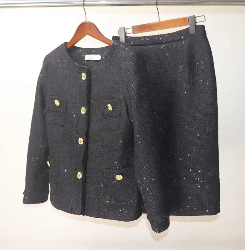 Women Designer Inspired CUSTOM MADE Tweed Sequined Jacket Coat Blazer  Midi Skirts with a Belt