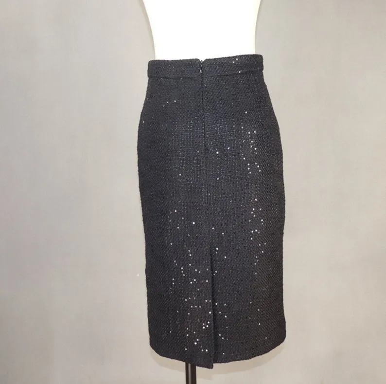 Women Designer Inspired CUSTOM MADE Tweed Sequined Jacket Coat Blazer  Midi Skirts with a Belt