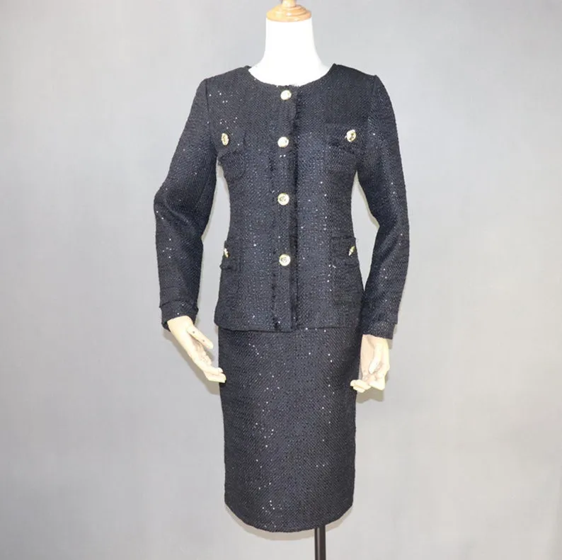 Women Designer Inspired CUSTOM MADE Tweed Sequined Jacket Coat Blazer  Midi Skirts with a Belt