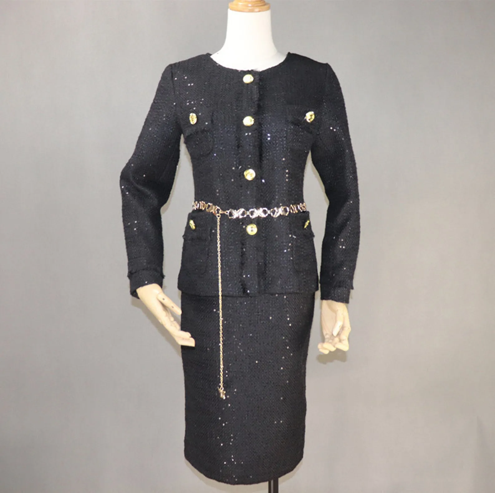 Women Designer Inspired CUSTOM MADE Tweed Sequined Jacket Coat Blazer  Midi Skirts with a Belt