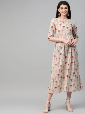 Women Grey & Pink Floral Printed Maxi Dress