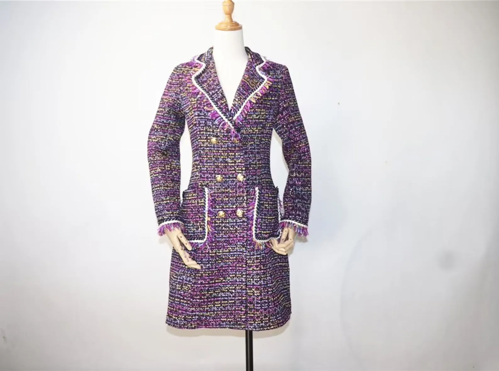 Women Tweed Wool Blend Sequined Purple Multi-color Coat Outwear