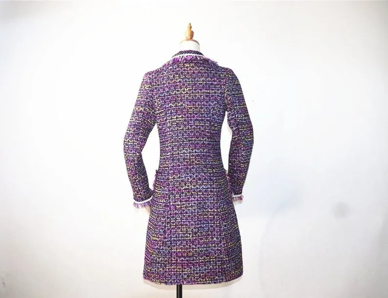 Women Tweed Wool Blend Sequined Purple Multi-color Coat Outwear