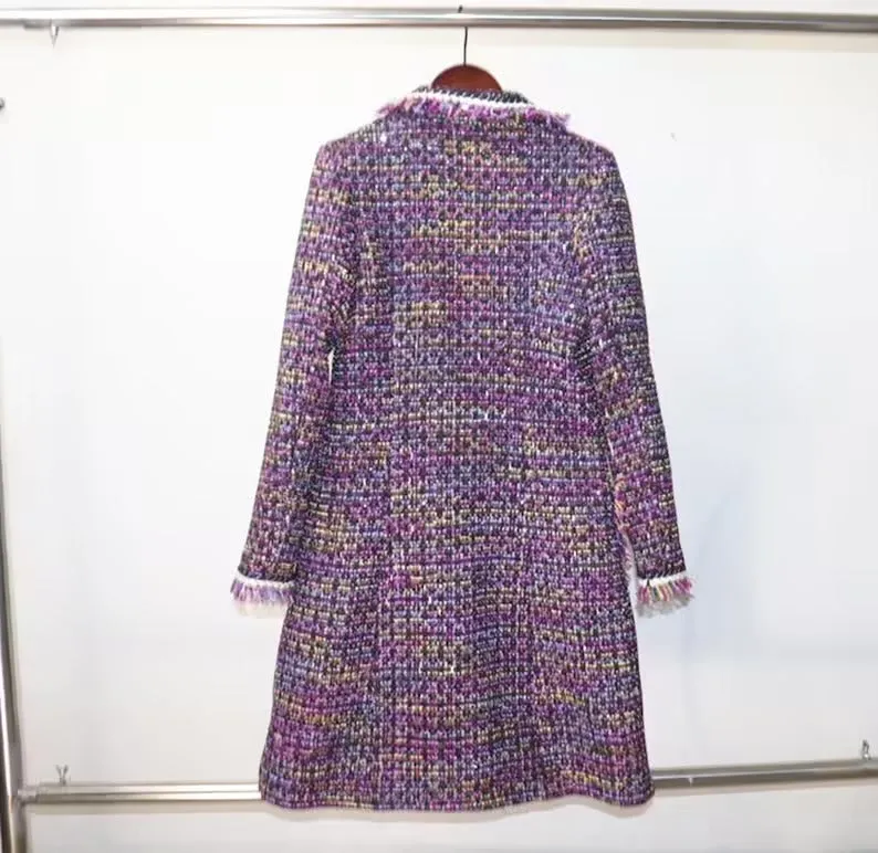 Women Tweed Wool Blend Sequined Purple Multi-color Coat Outwear