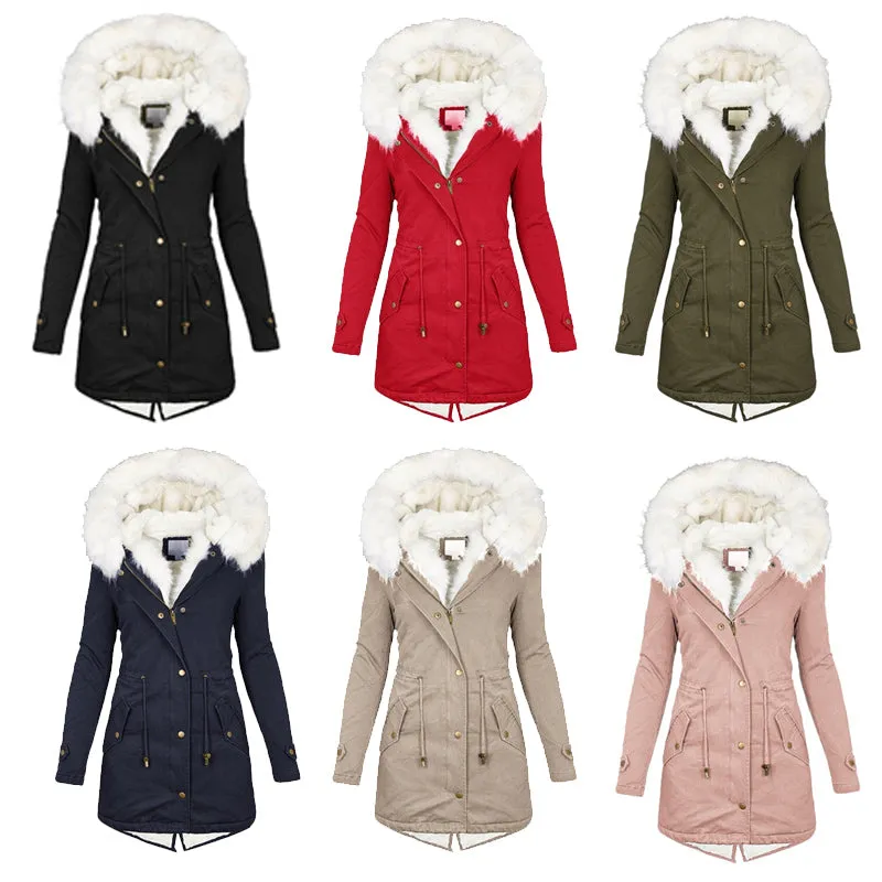 Women Winter Parka Coat Fur Collar Hooded Jacket