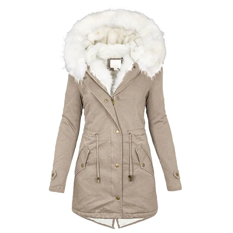 Women Winter Parka Coat Fur Collar Hooded Jacket