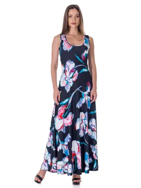 Womens Black Floral Print Scoop Neck A Line Sleeveless Maxi Dress