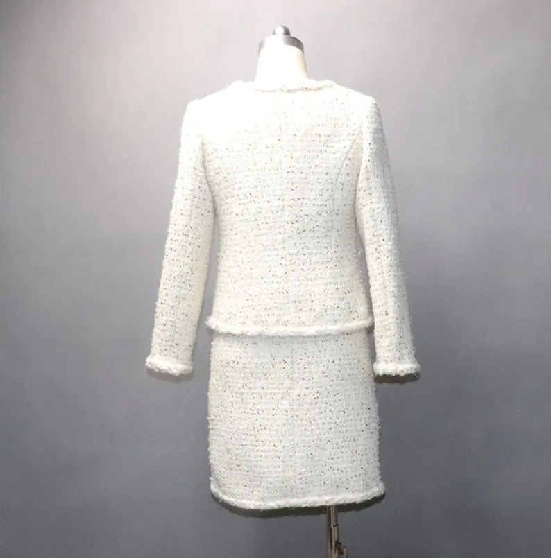 Womens Designer Inspired Custom Made Gold Sequined White WOOL Tweed Skirt Suit