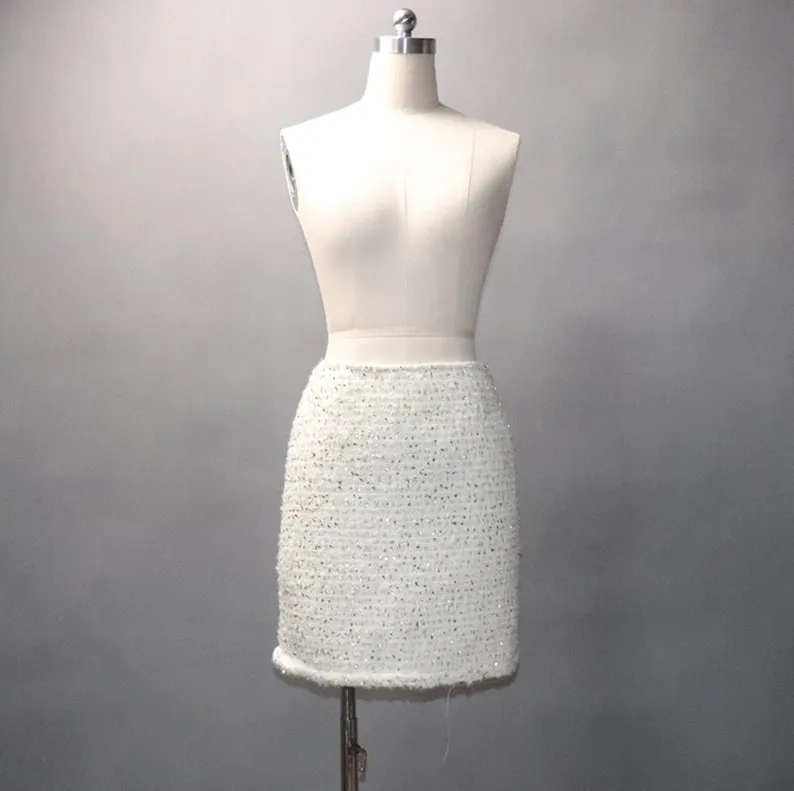 Womens Designer Inspired Custom Made Gold Sequined White WOOL Tweed Skirt Suit