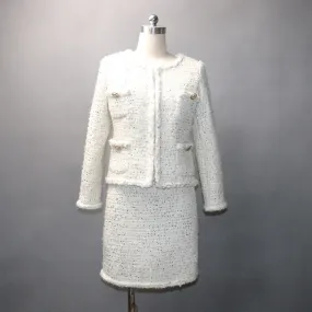 Womens Designer Inspired Custom Made Gold Sequined White WOOL Tweed Skirt Suit