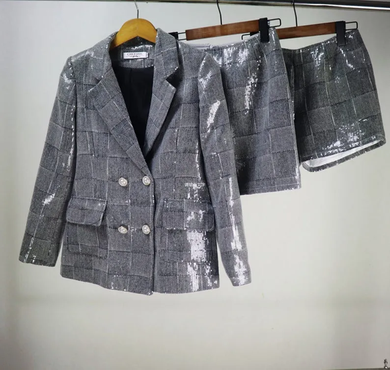 Women's Designer Inspired CUSTOM MADE Pearl Sequined Jacket Coat Blazer Shorts/Skirts