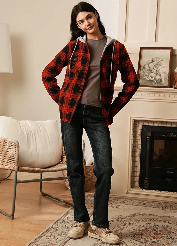 Women's Fleece Lined Flannel Shirt,Button Down Plaid Hooded Jacket