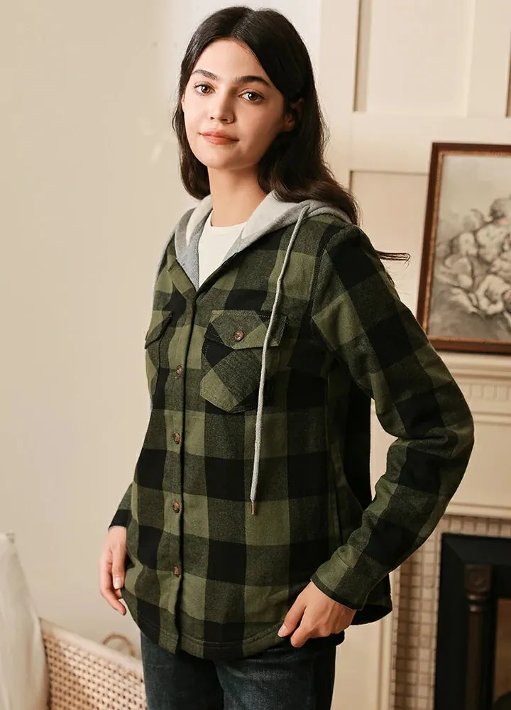 Women's Fleece Lined Flannel Shirt,Button Down Plaid Hooded Jacket