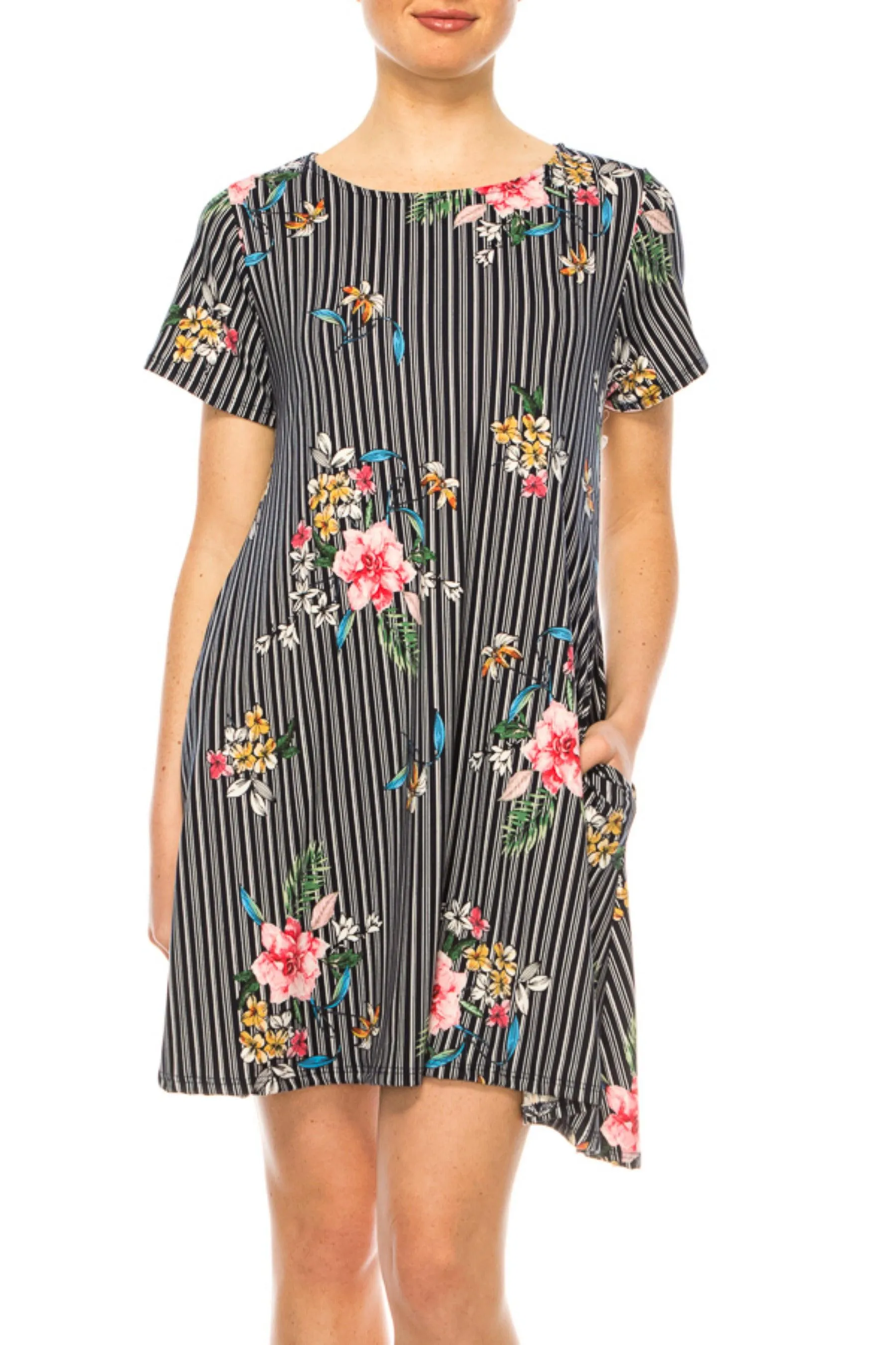 Women's Floral Short Sleeve Dress with Round Neckline and Side Pockets