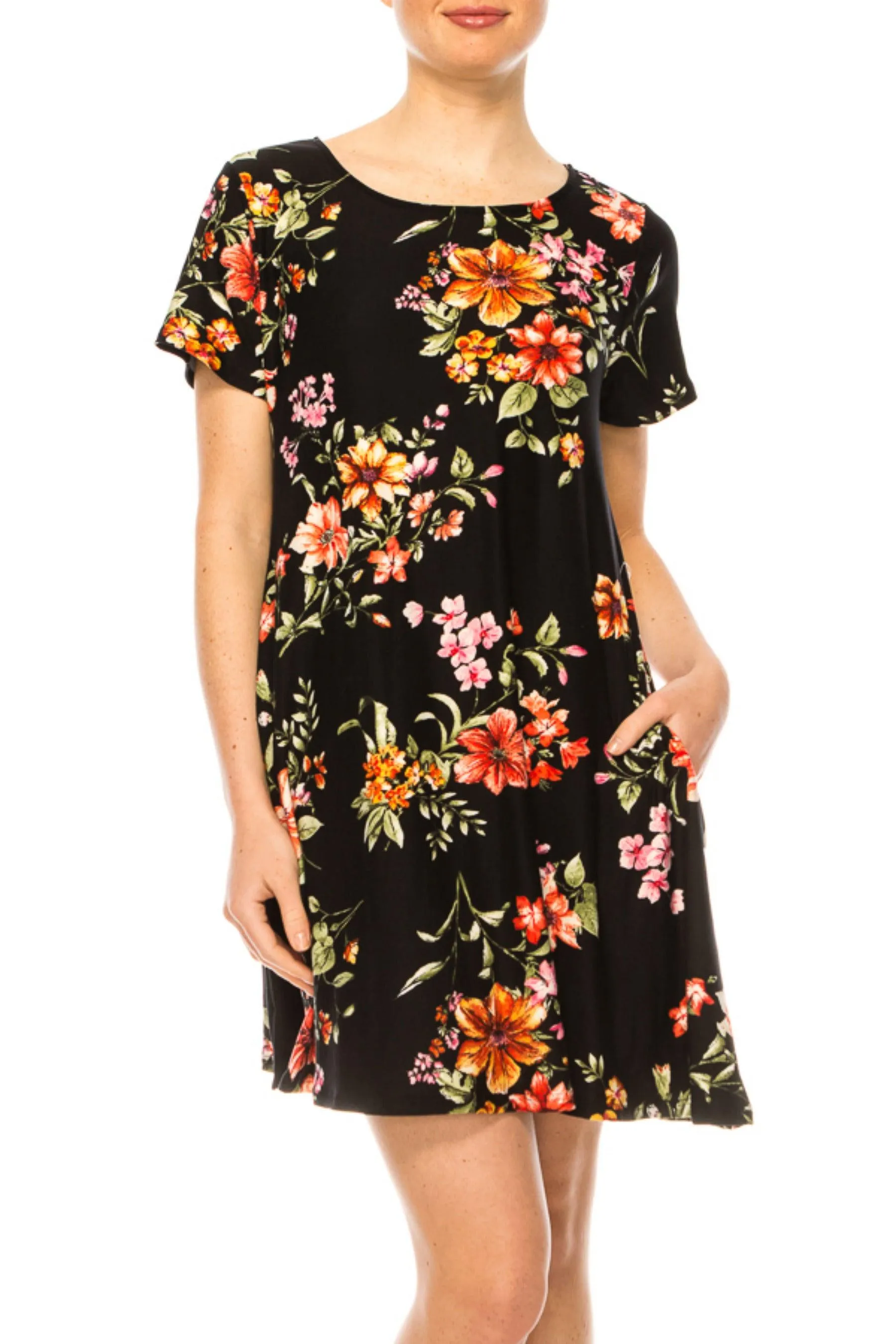 Women's Floral Short Sleeve Dress with Round Neckline and Side Pockets