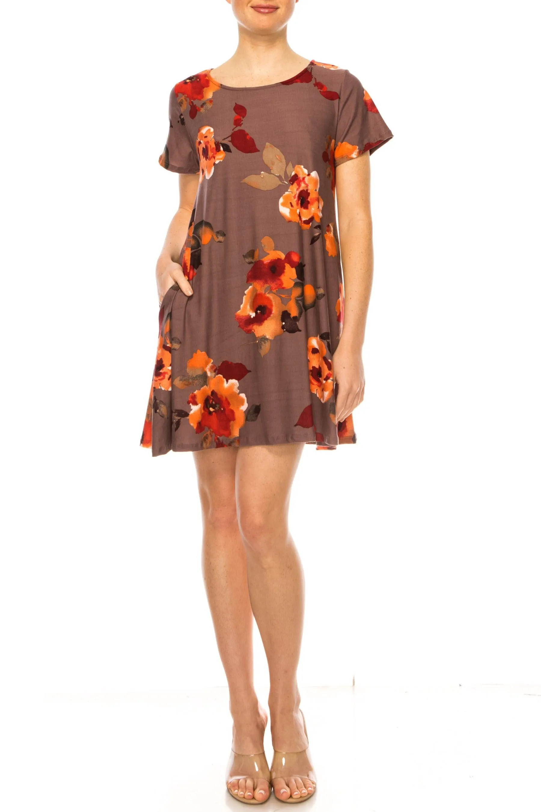 Women's Floral Short Sleeve Dress with Round Neckline and Side Pockets