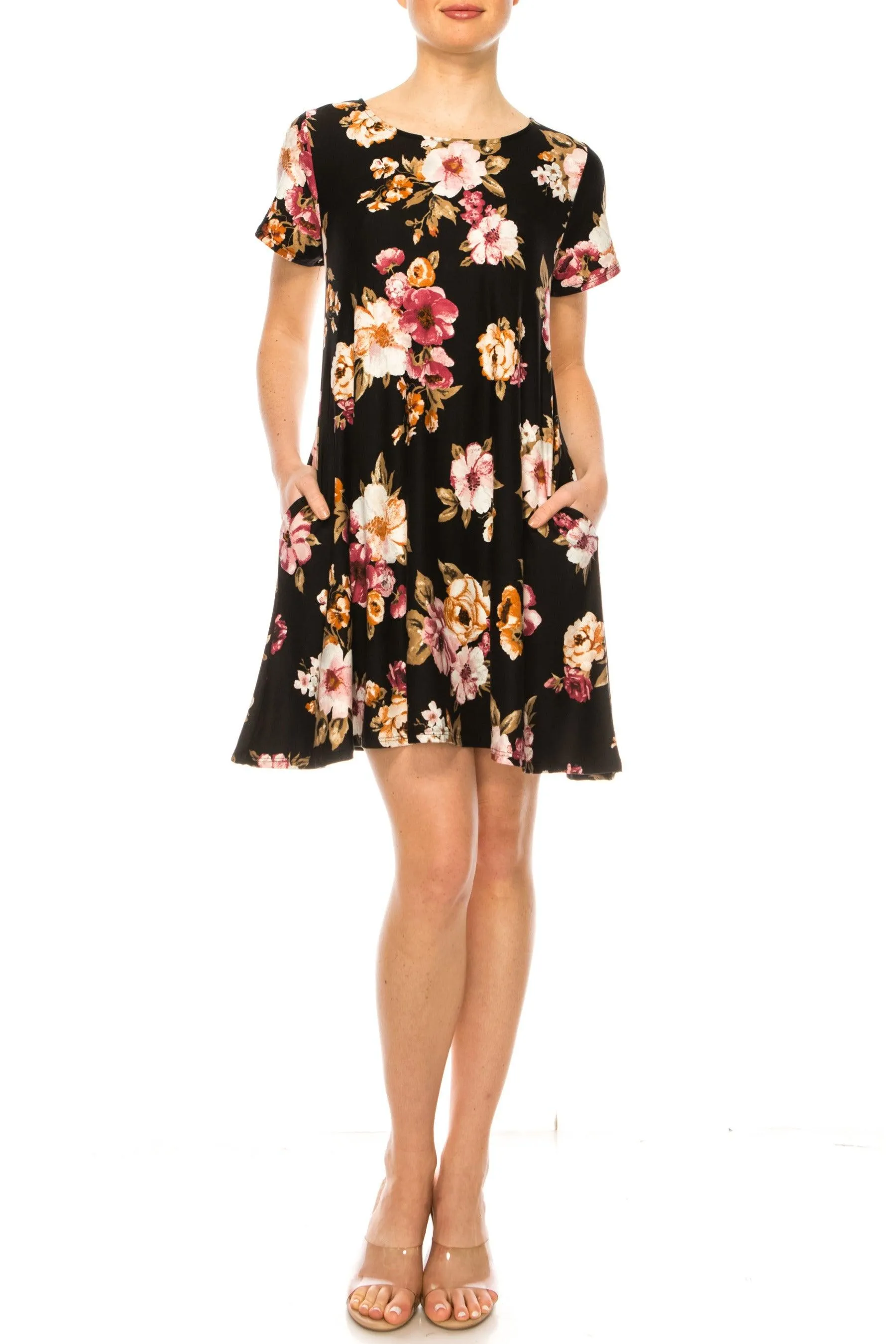 Women's Floral Short Sleeve Dress with Round Neckline and Side Pockets