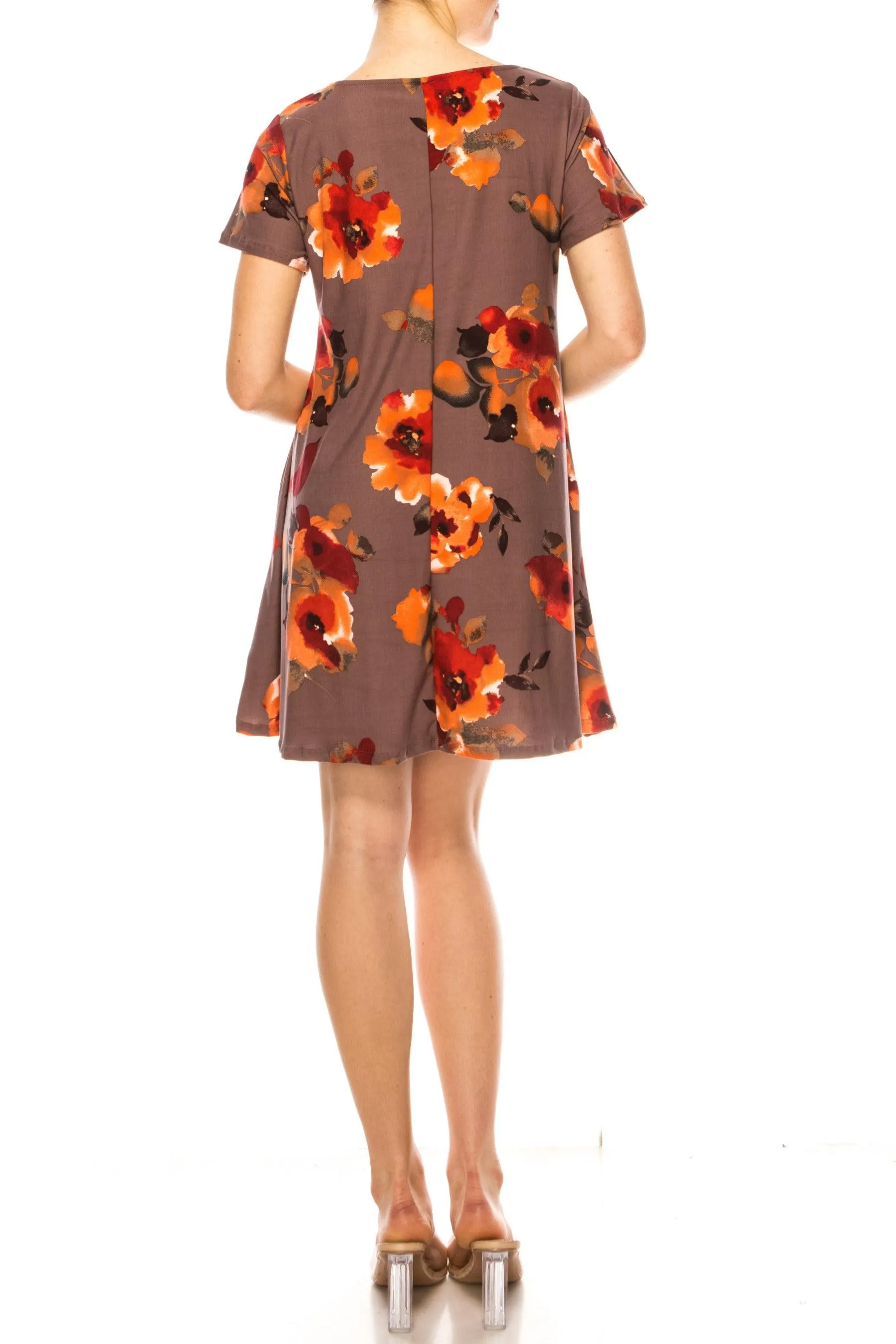 Women's Floral Short Sleeve Dress with Round Neckline and Side Pockets