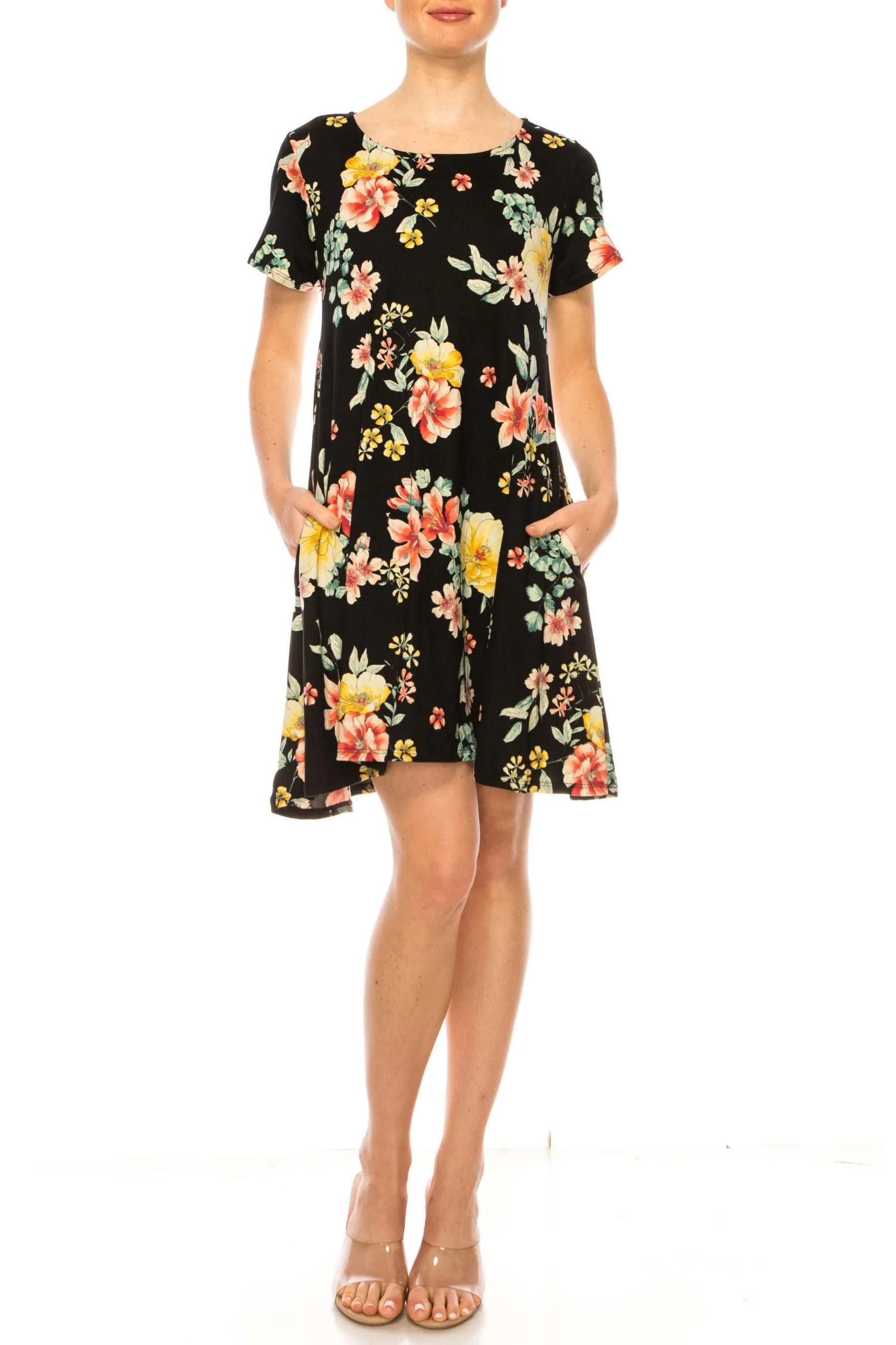 Women's Floral Short Sleeve Dress with Round Neckline and Side Pockets