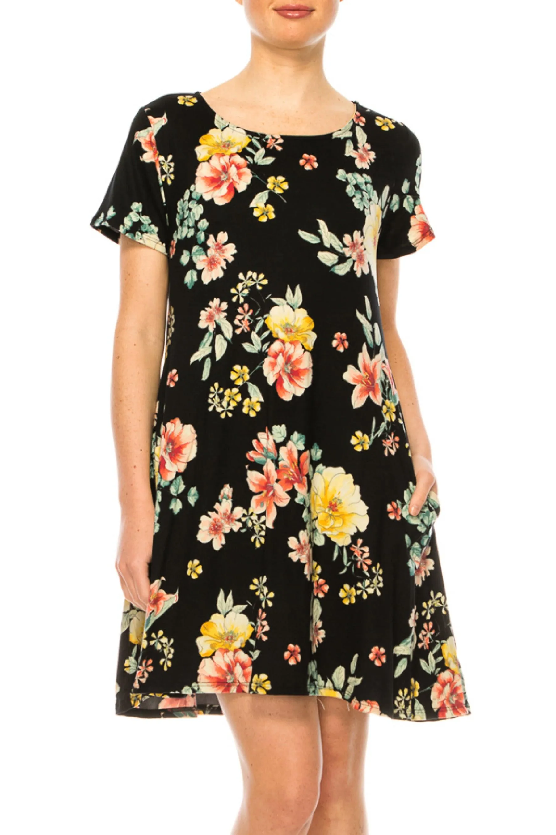 Women's Floral Short Sleeve Dress with Round Neckline and Side Pockets