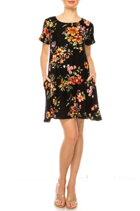 Women's Floral Short Sleeve Dress with Round Neckline and Side Pockets