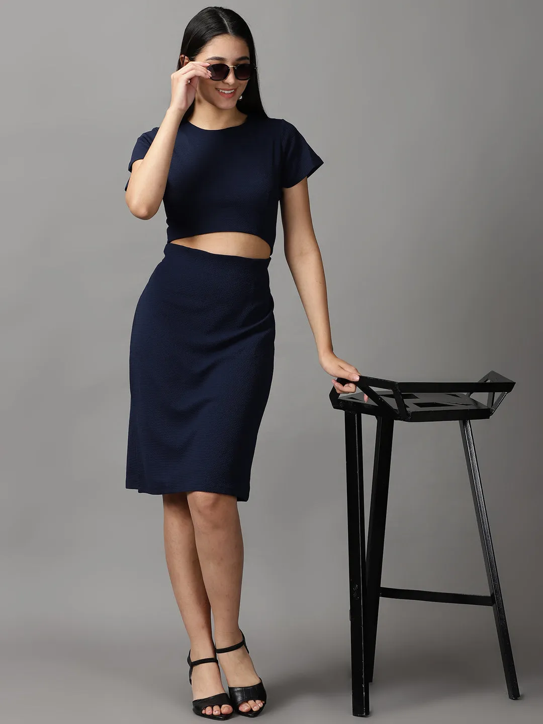 Women's Navy Blue Solid Bodycon Dress