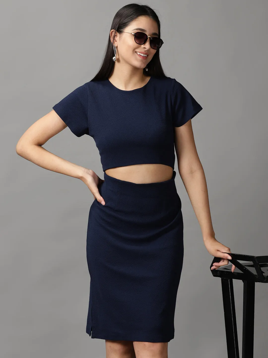 Women's Navy Blue Solid Bodycon Dress