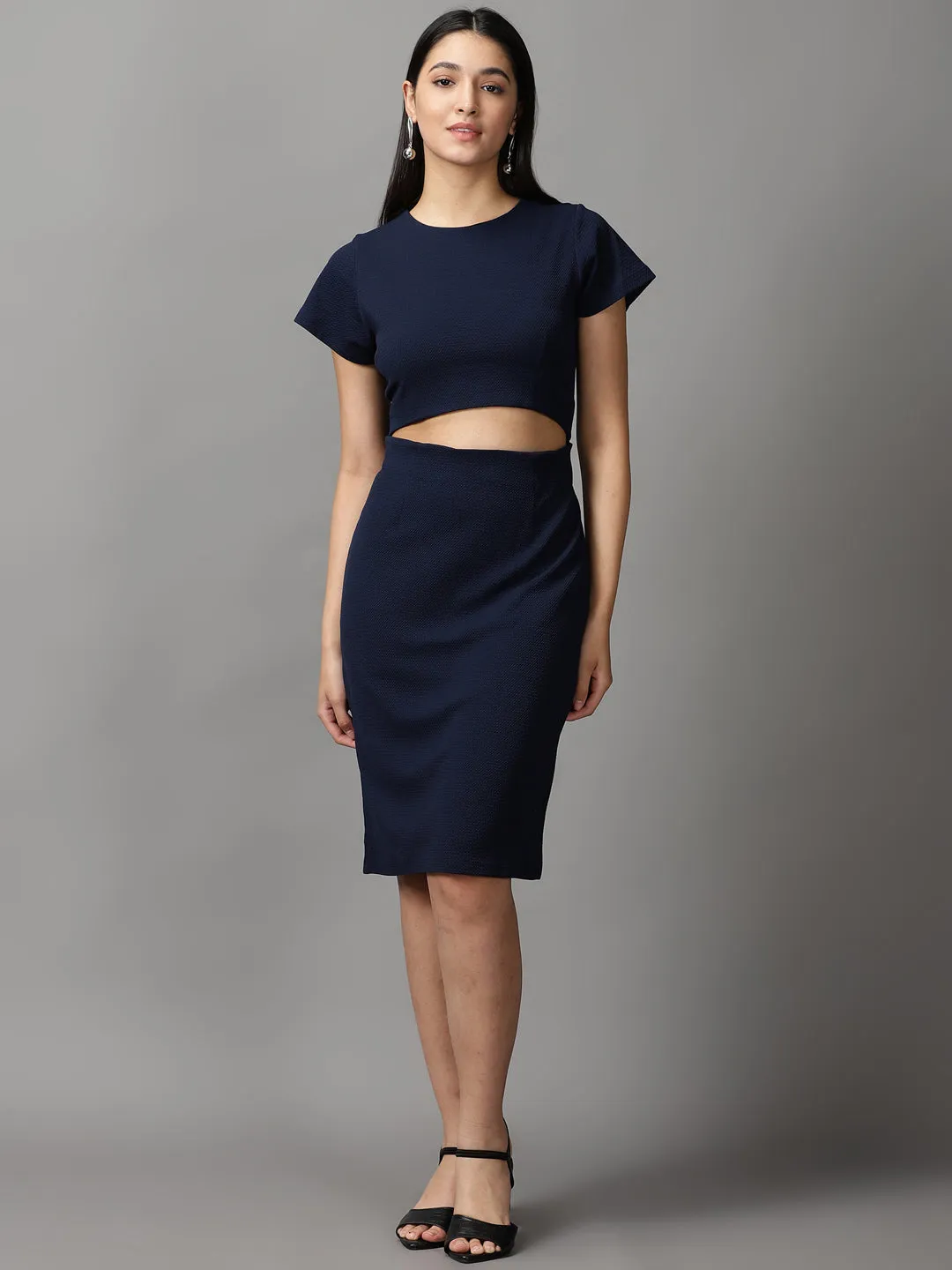 Women's Navy Blue Solid Bodycon Dress