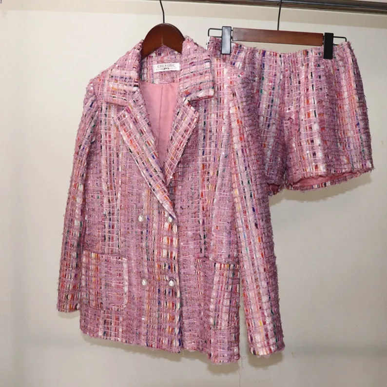 Women's Sequined Hand Made Multi-Color Custom Made Tweed Shorts/Skirt Suit Pink