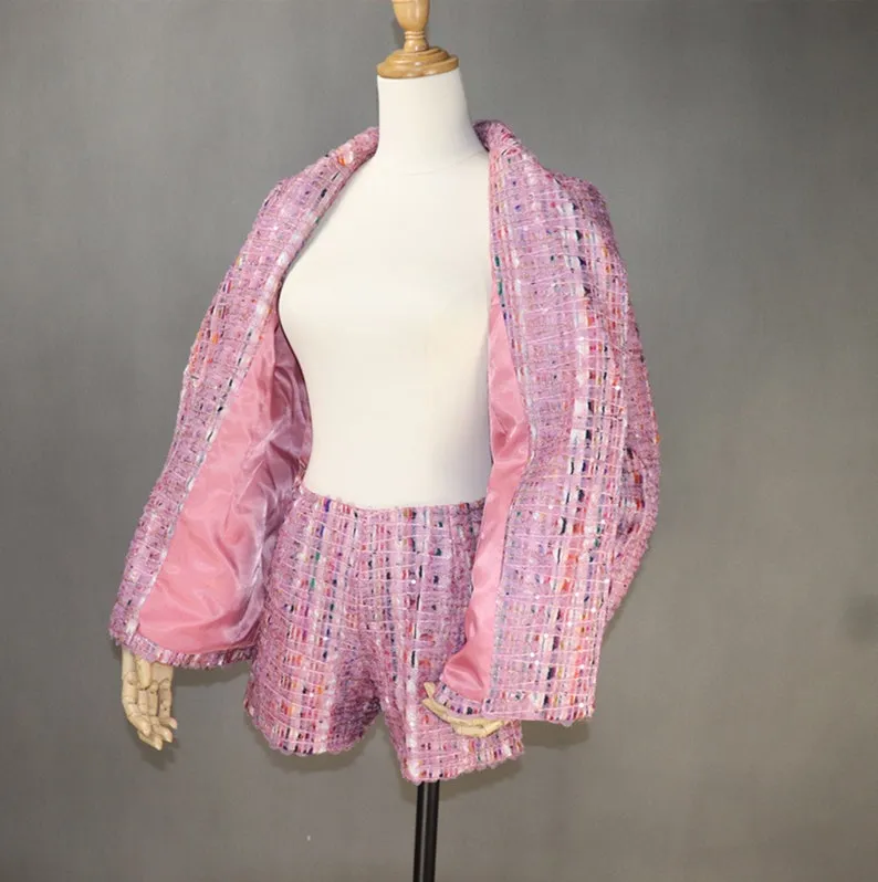 Women's Sequined Hand Made Multi-Color Custom Made Tweed Shorts/Skirt Suit Pink