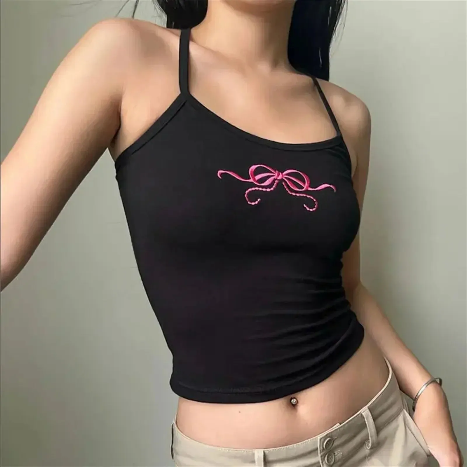 Women's Sweet Slim Cami Bowknot Embroidery Spaghetti Strap Show Navel Cropped Streetwear Tank Y2k Top