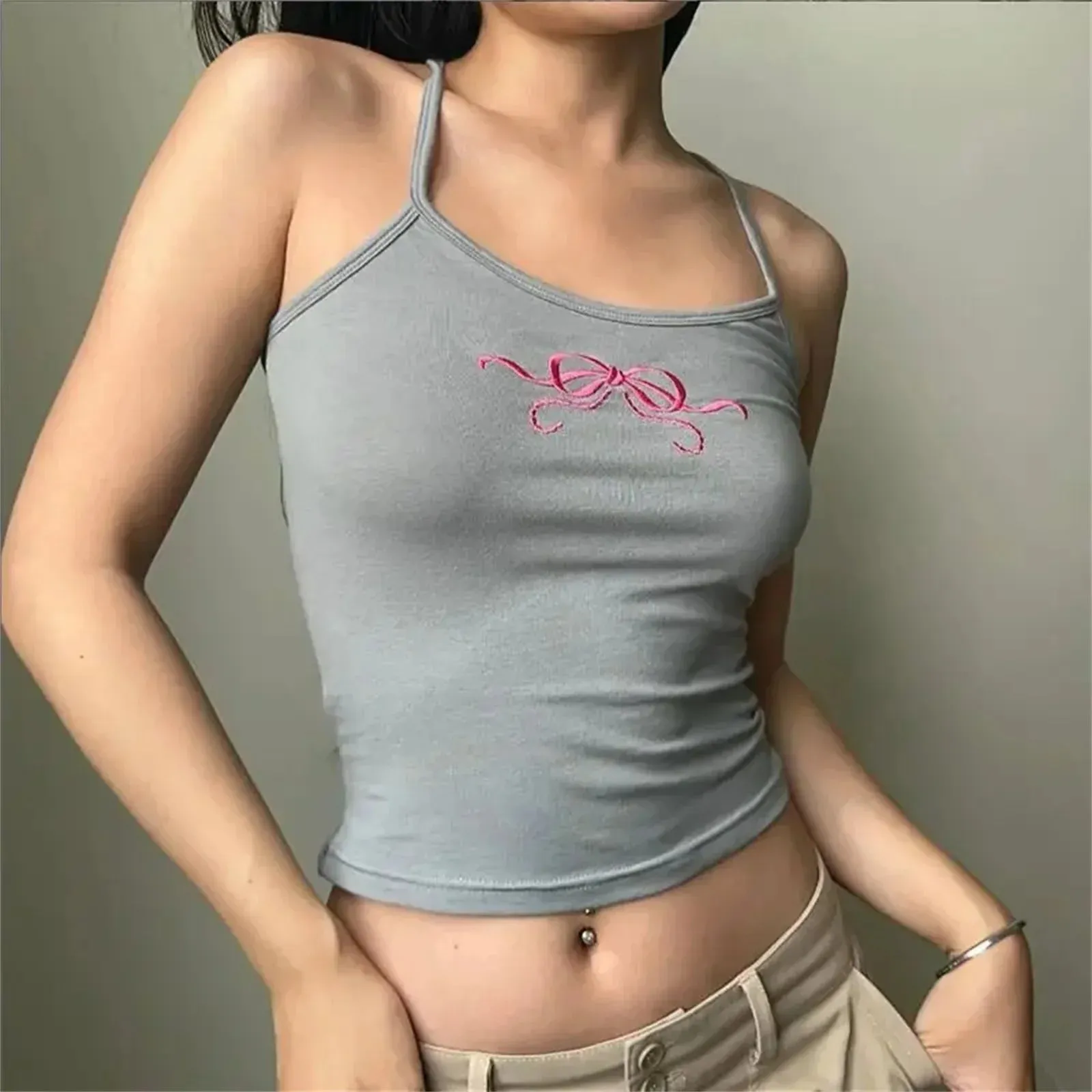 Women's Sweet Slim Cami Bowknot Embroidery Spaghetti Strap Show Navel Cropped Streetwear Tank Y2k Top