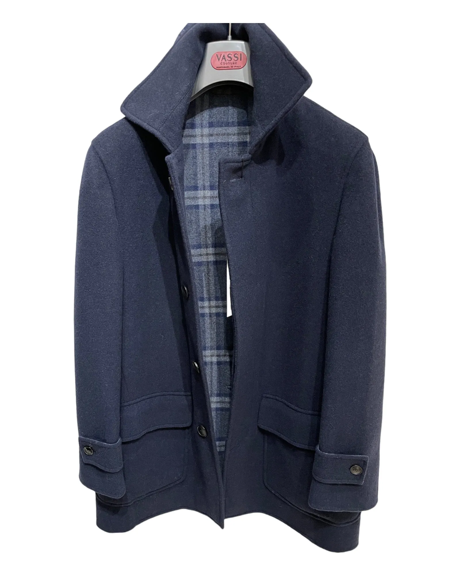 Wool Coat with Check Lining - Navy