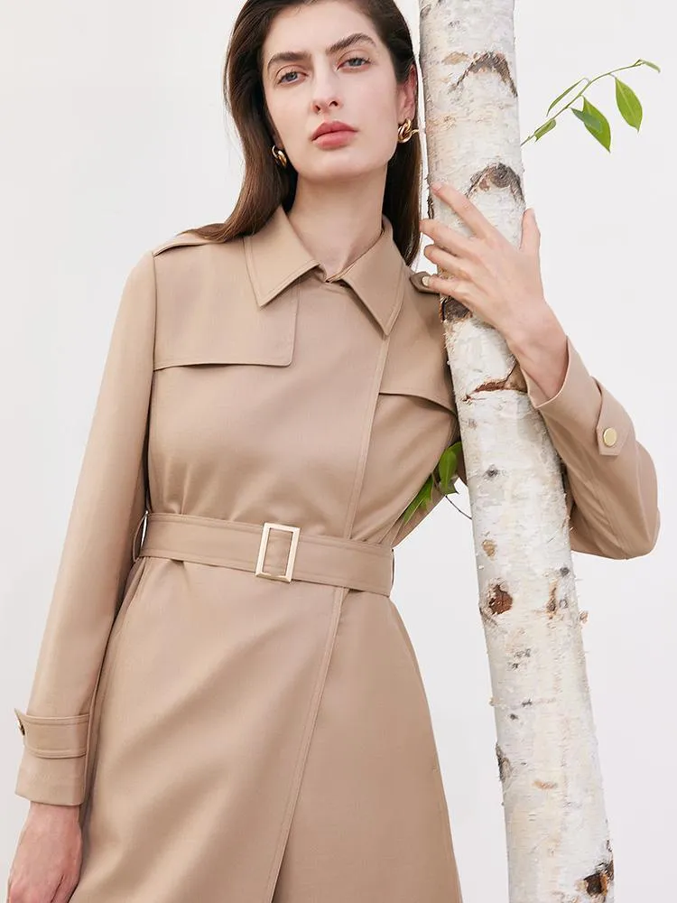 Worsted Wool Trench Coat With Belt